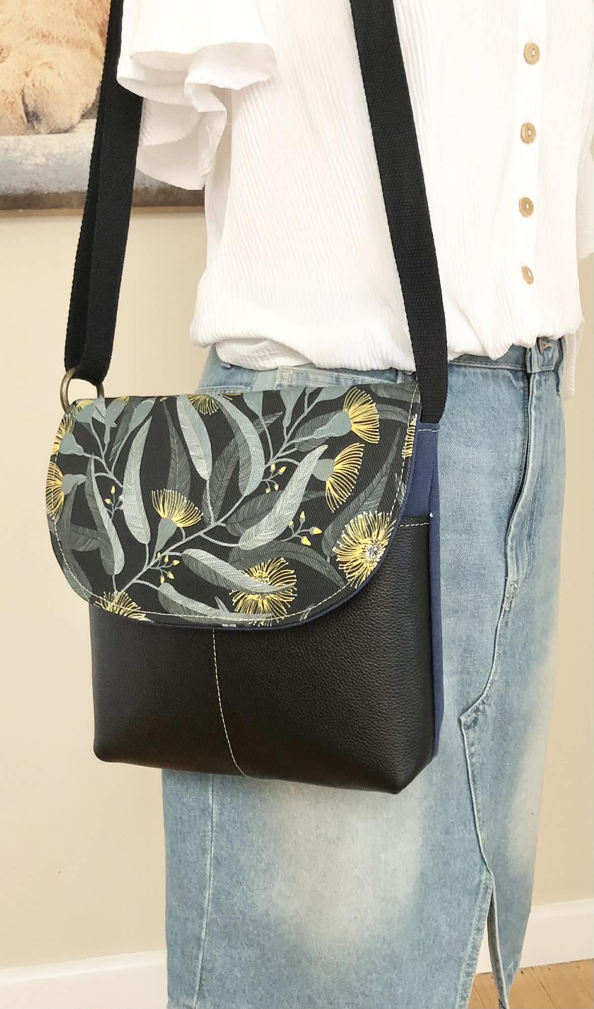Cassinia Crossbody Bag - Blue Canvas and Black Leather with Yellow Eucalyptus