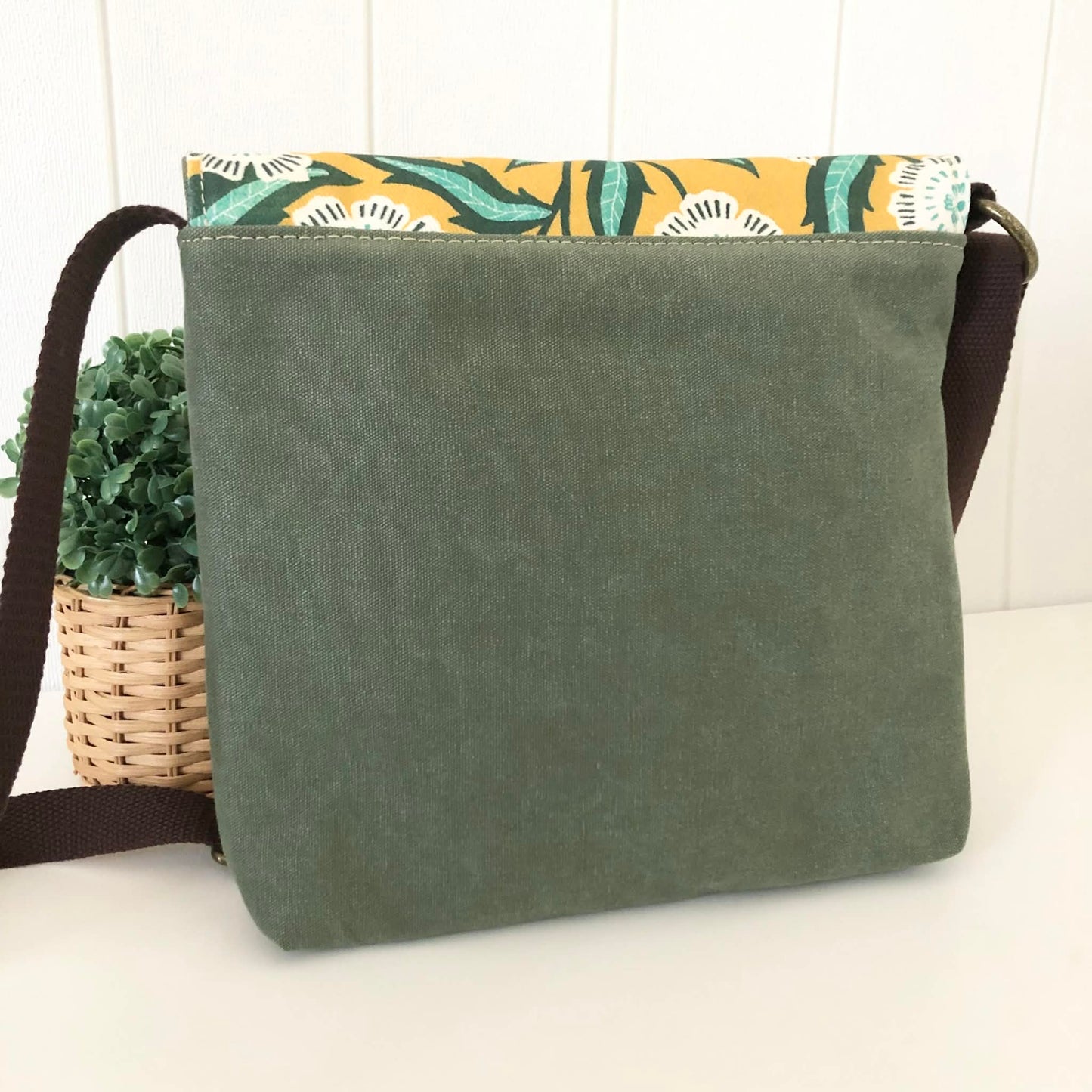 Cassinia Crossbody Bag - Green Canvas & Brown Leather with Evarie Print