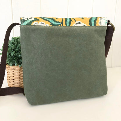 Cassinia Crossbody Bag - Green Canvas & Brown Leather with Evarie Print
