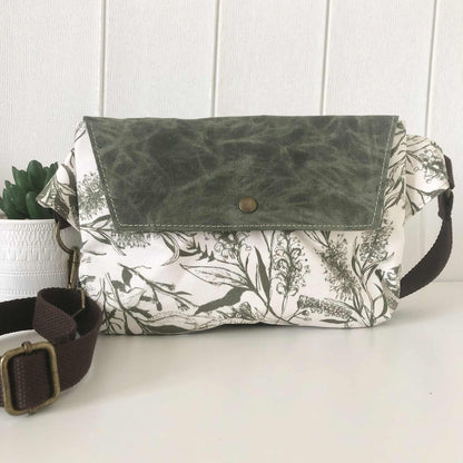 Belt Bag with Bush Blooms and Green Waxed Canvas