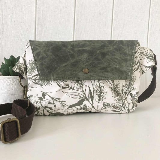 Belt Bag with Bush Blooms and Green Waxed Canvas