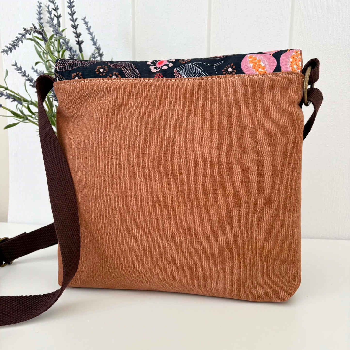 Cassinia Crossbody Bag - Tan Canvas and Brown Leather with Seed Pod Flora