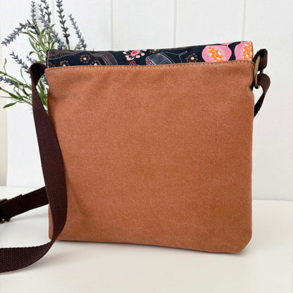 Cassinia Crossbody Bag - Tan Canvas and Brown Leather with Seed Pod Flora