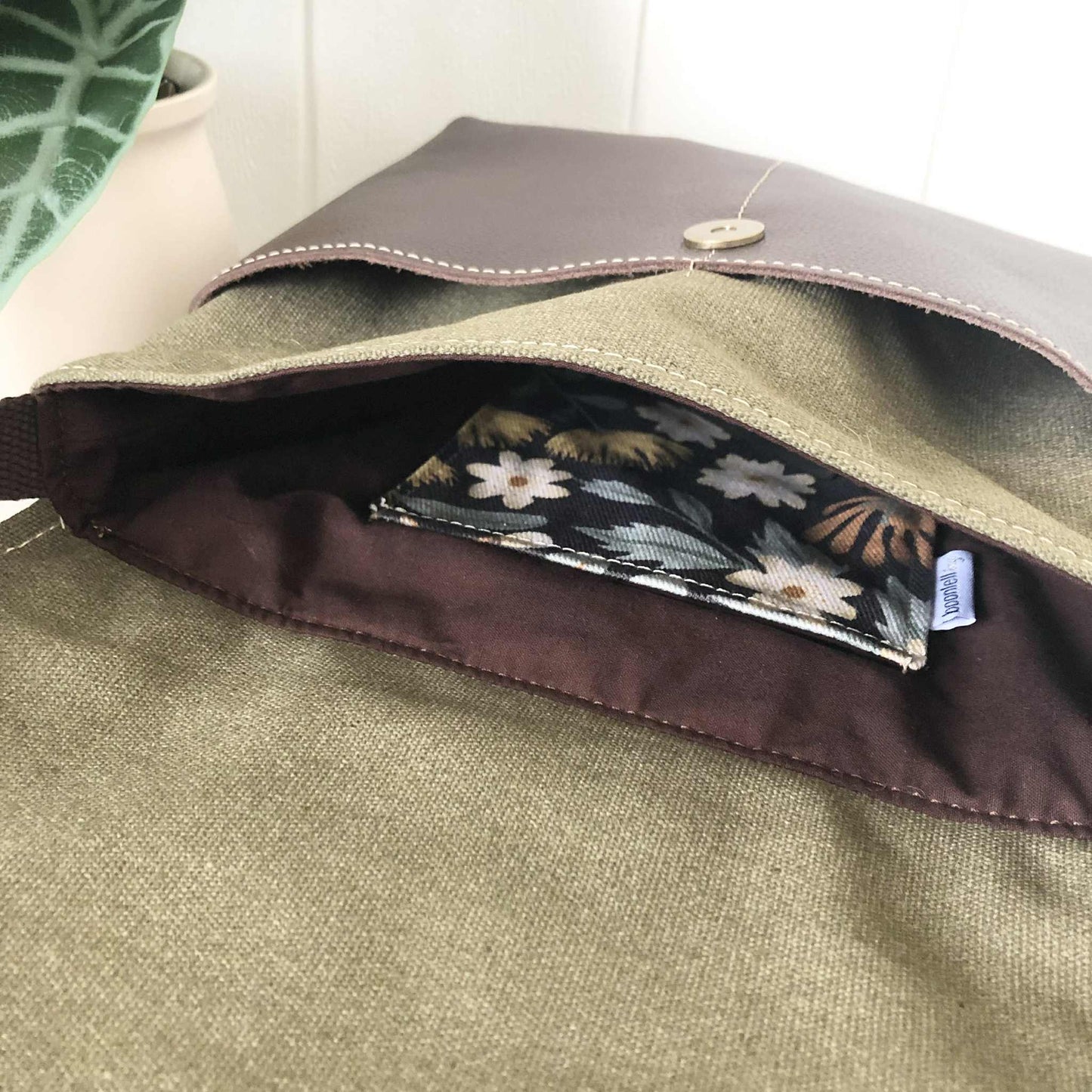 Cassinia Crossbody Bag - Green Canvas & Brown Leather with Floral Wilderness