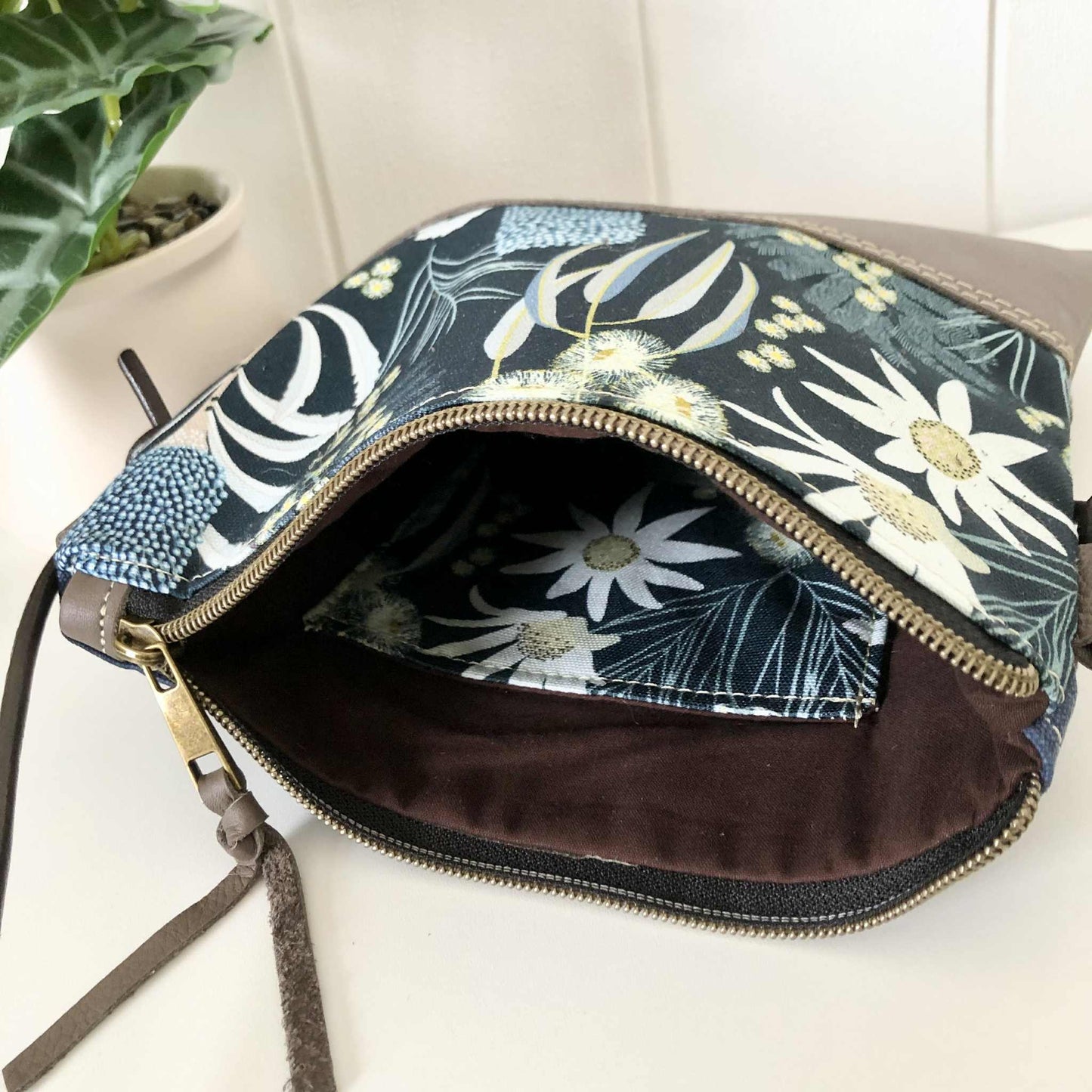 Gumnut Crossbody Bag in Blue Canvas, Brown Leather and Moonlight Flora