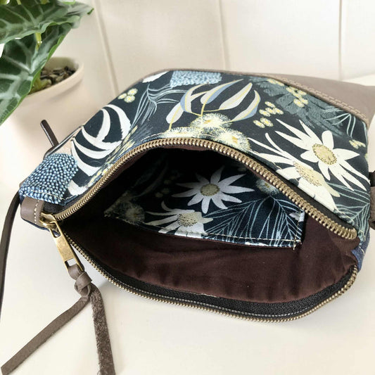 Gumnut Crossbody Bag in Blue Canvas, Brown Leather and Moonlight Flora