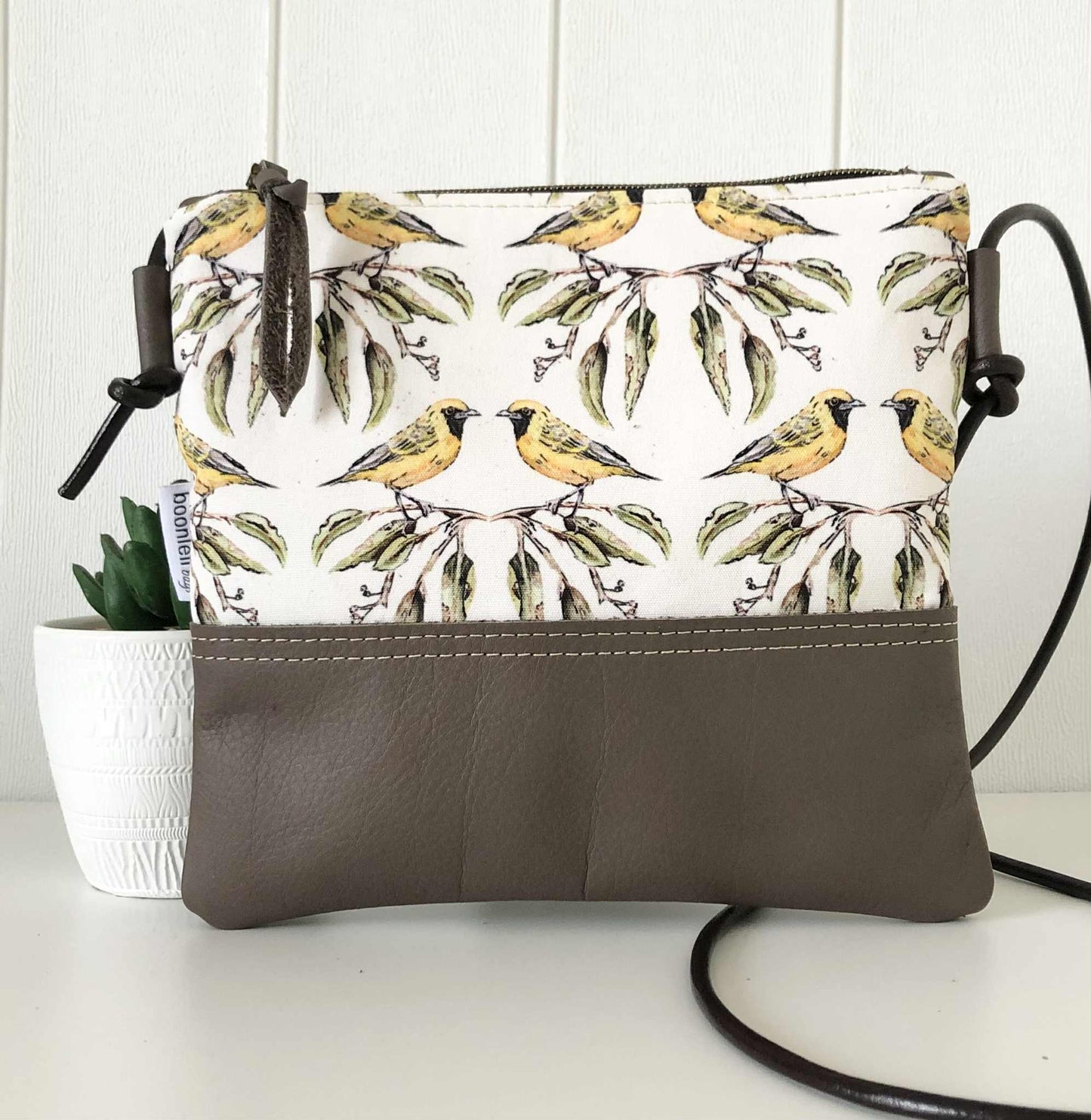 Gumnut Crossbody Bag in Green Canvas, Brown Leather and Chatting Birds