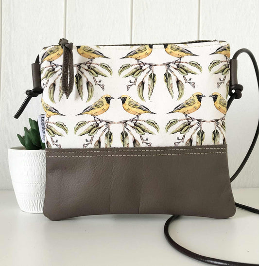 Gumnut Crossbody Bag in Green Canvas, Brown Leather and Chatting Birds