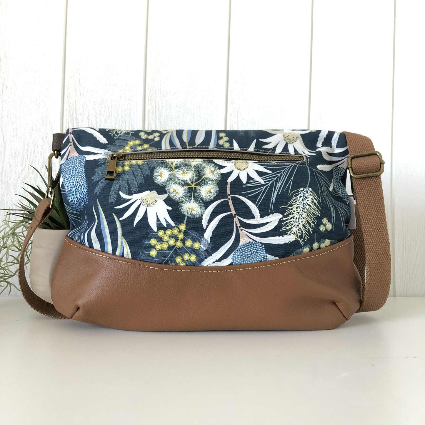 Hovea Fold Over Bag in Tan Leather, Blue Canvas and Moonlight Flora