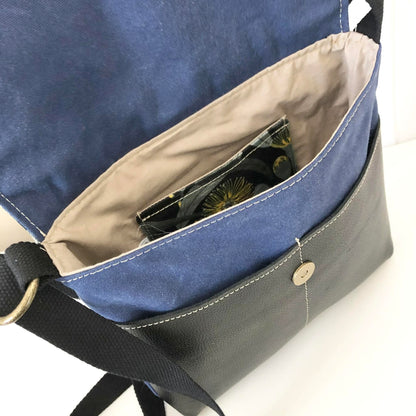 Cassinia Crossbody Bag - Blue Canvas and Black Leather with Yellow Eucalyptus