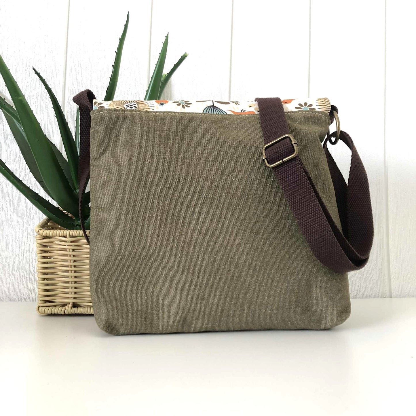 Green Canvas and Brown Leather Crossbody Bag with Scandi Meadow