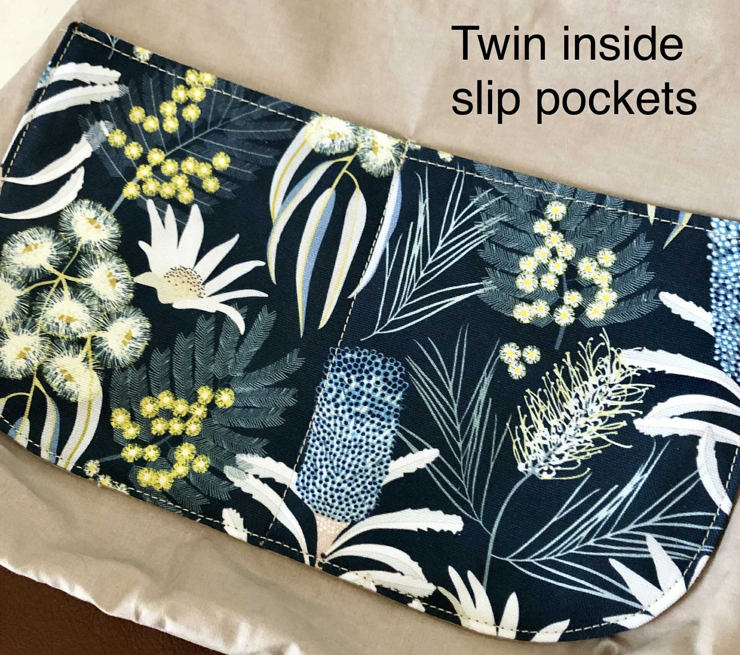 Hovea Fold Over Bag in Tan Leather, Blue Canvas and Moonlight Flora