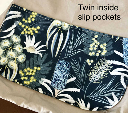 Hovea Fold Over Bag in Tan Leather, Blue Canvas and Moonlight Flora