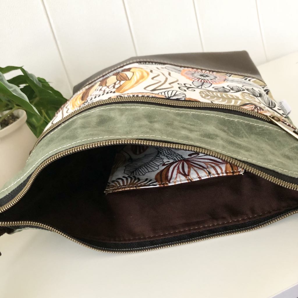 Leather, Waxed Canvas and Native Flower Fabric Zipper Handbag