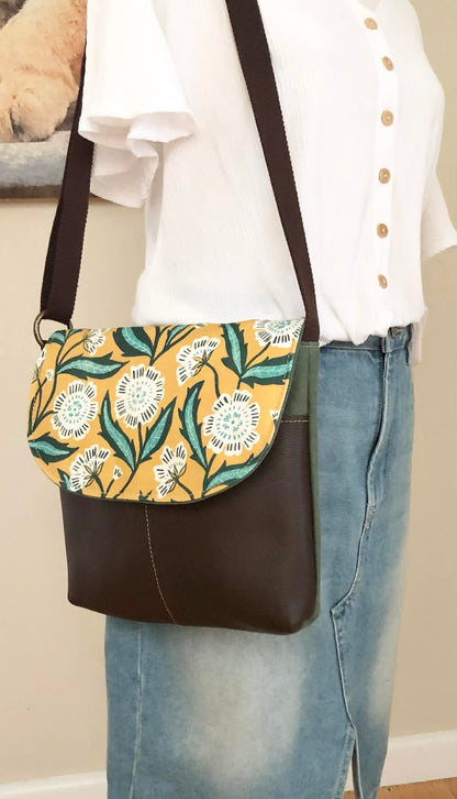 Cassinia Crossbody Bag - Green Canvas & Brown Leather with Evarie Print