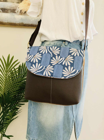 Cassinia Crossbody Bag - Tan Canvas & Brown Leather with Banksia