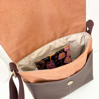 Cassinia Crossbody Bag - Tan Canvas and Brown Leather with Seed Pod Flora