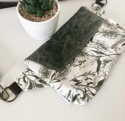 Belt Bag with Bush Blooms and Green Waxed Canvas