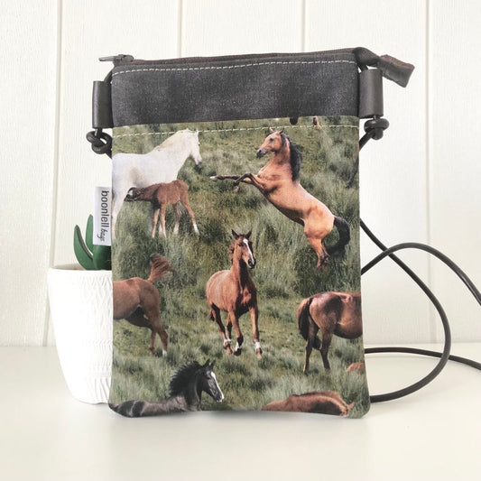 Grey Canvas with Horses Phone Sling Crossbody Bag