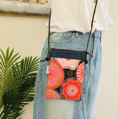 Sundew Sling Bag in Blue Canvas with Red and Pink Flower