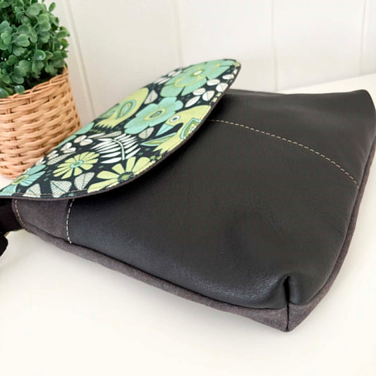 Cassinia Crossbody Bag - Grey Canvas and Black Leather with Green Folk Bird Design