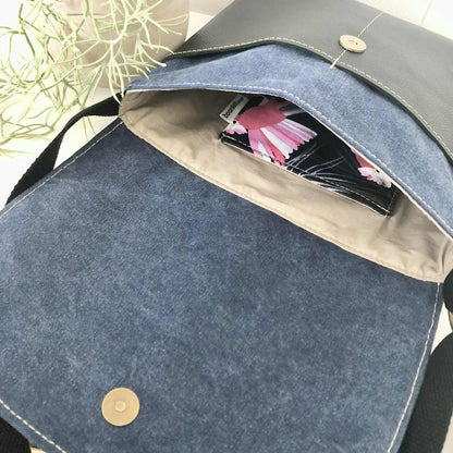 Cassinia Crossbody Bag - Blue Canvas and Black Leather with Pink Cockatoo