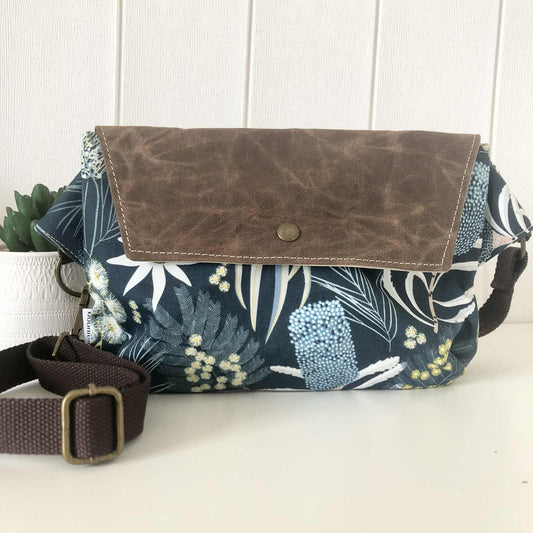 Belt Bag with Moonlight Flora and Brown Waxed Canvas