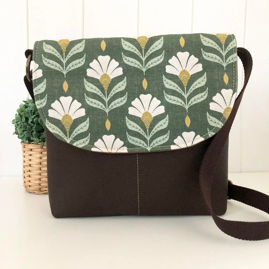 Cassinia Crossbody Bag - Tan Canvas and Brown Leather with Chiara Print