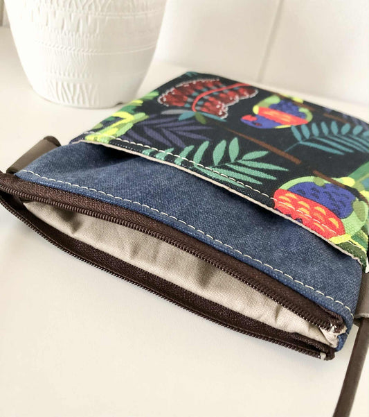 Sundew Sling Bag in Blue Canvas with Rosella Bird