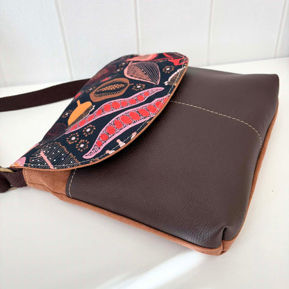 Cassinia Crossbody Bag - Tan Canvas and Brown Leather with Seed Pod Flora