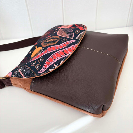 Cassinia Crossbody Bag - Tan Canvas and Brown Leather with Seed Pod Flora