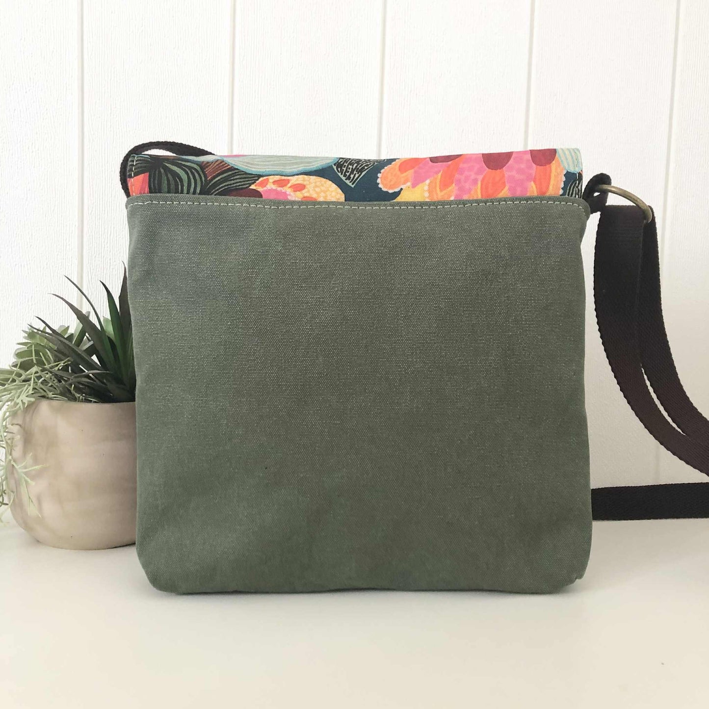 Cassinia Crossbody Bag - Green Canvas and Brown Leather with Bush Flora