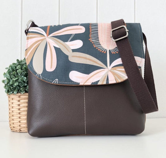 Tan Canvas and Brown Leather Crossbody Bag with Banksia