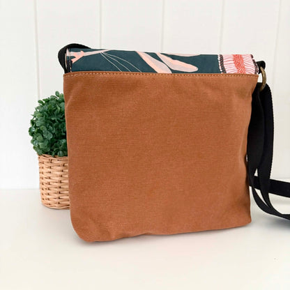 Cassinia Crossbody Bag - Tan Canvas and Black Leather with Black Cockatoo