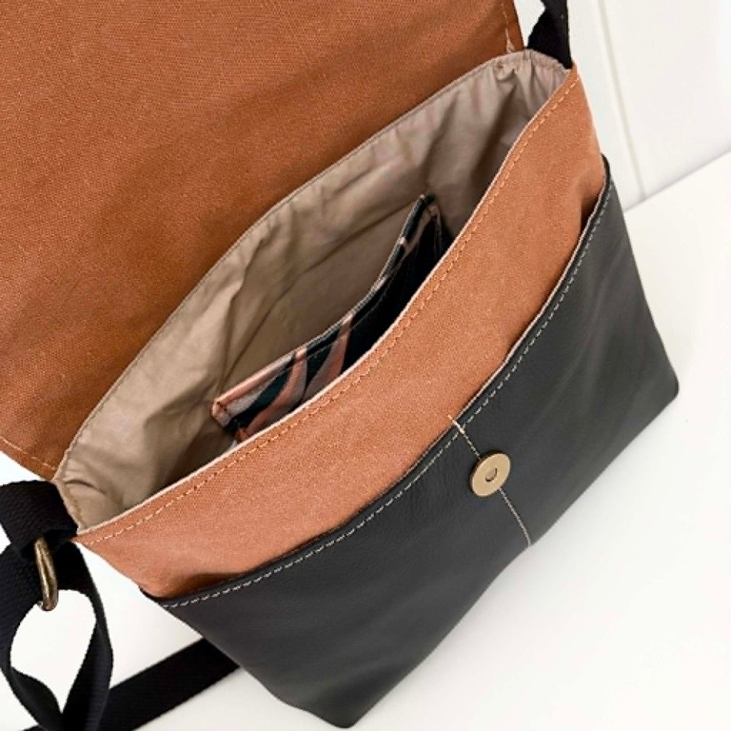 Cassinia Crossbody Bag - Tan Canvas and Black Leather with Black Cockatoo