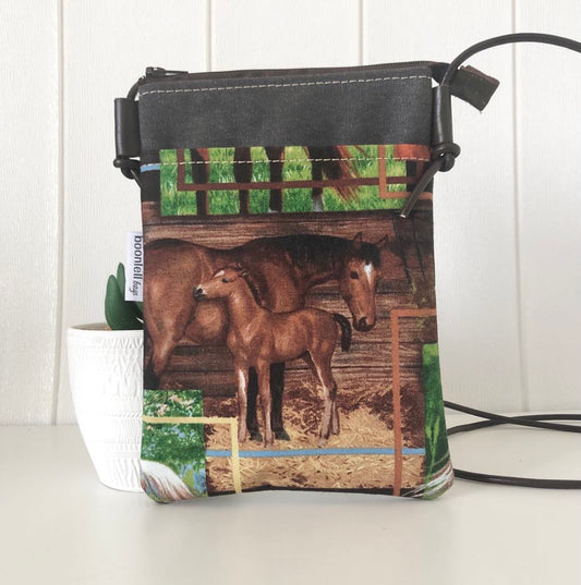 Grey Canvas with Horse & Foal Phone Sling Crossbody Bag