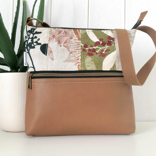 Tan Leather and Patchwork Zipper Handbag
