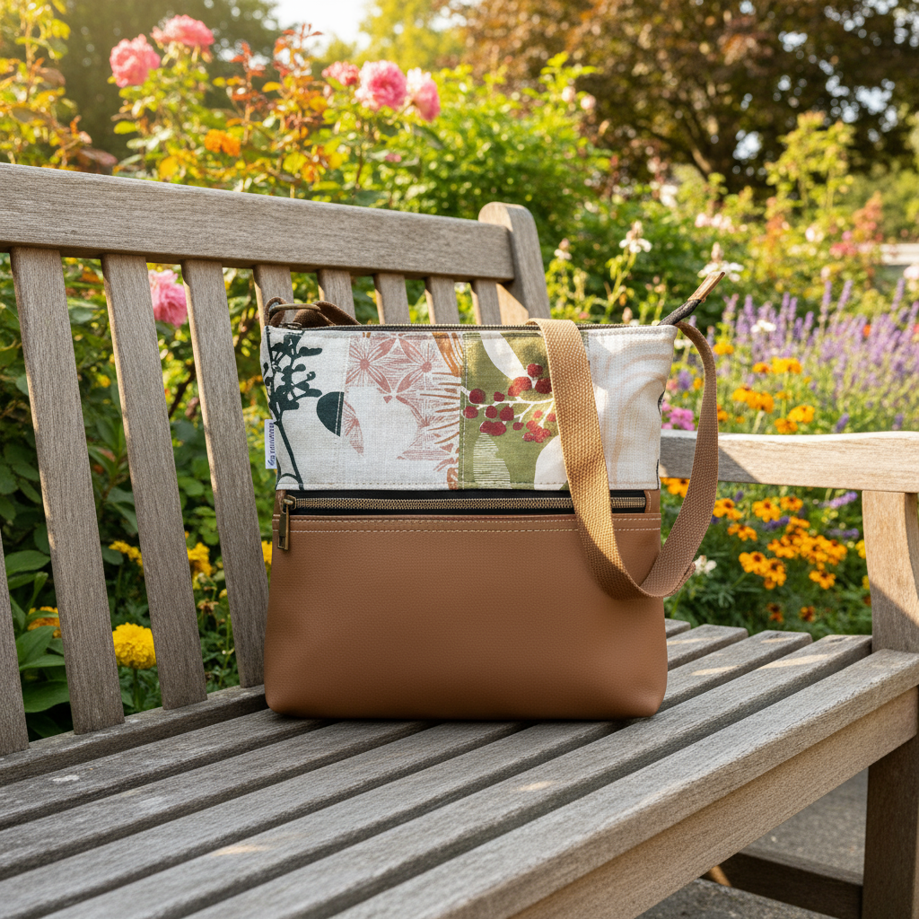 Zeri Zipper Bag in Tan Leather and Patchwork