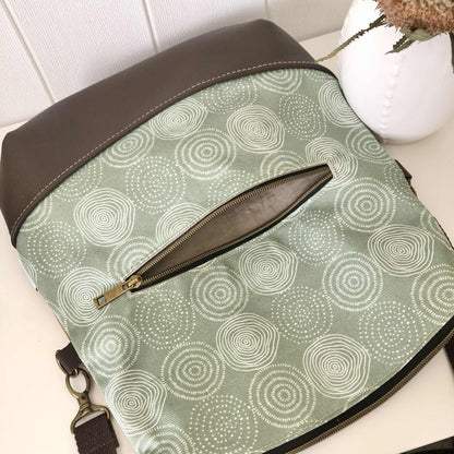 Fold Over Bag in Brown Leather, Tan Canvas and Tree Ring Fabric
