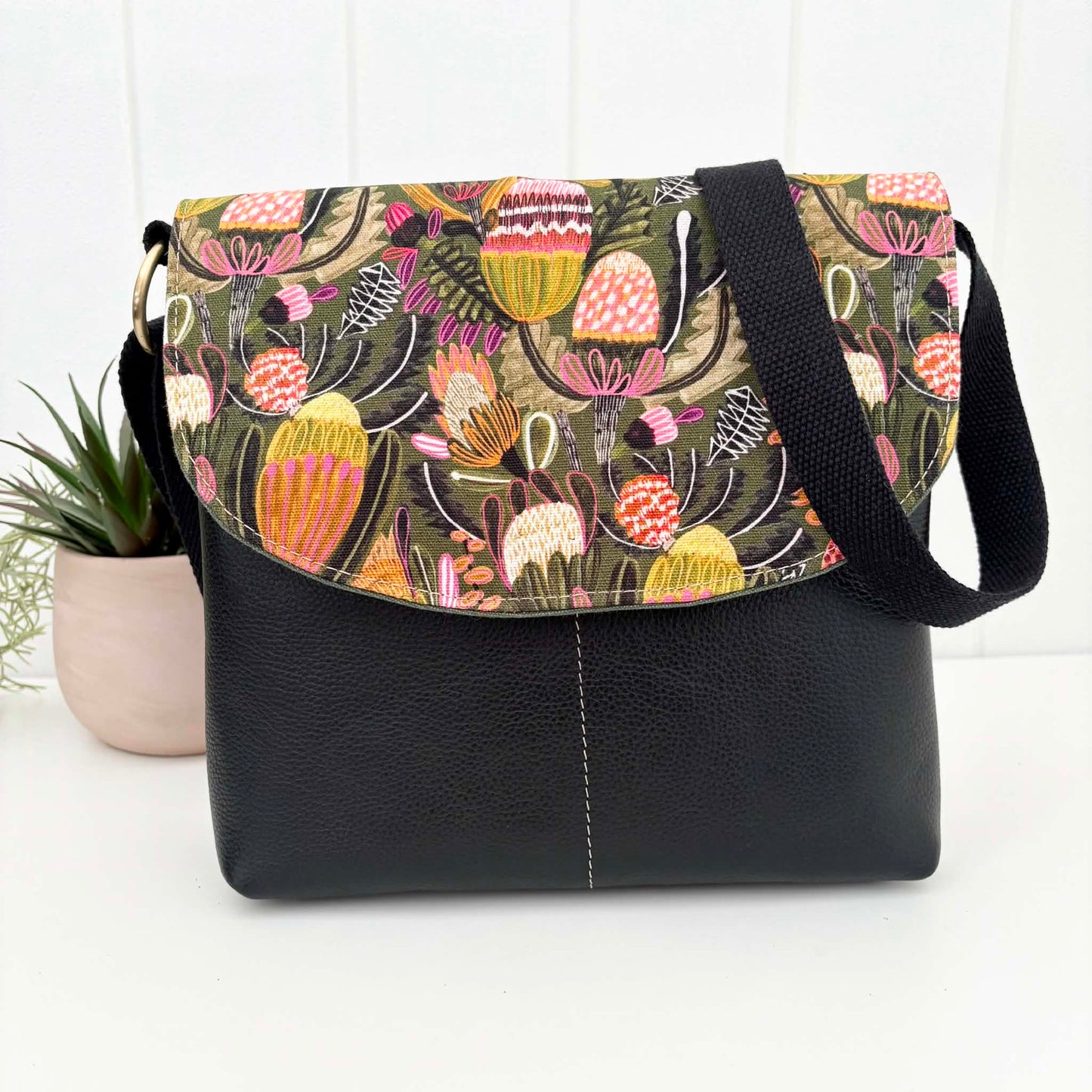 Cassinia Crossbody Bag - Green Canvas and Black Leather with Bush Banksia