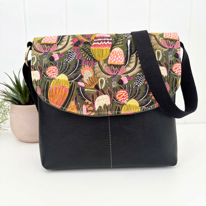 Cassinia Crossbody Bag - Green Canvas and Black Leather with Bush Banksia
