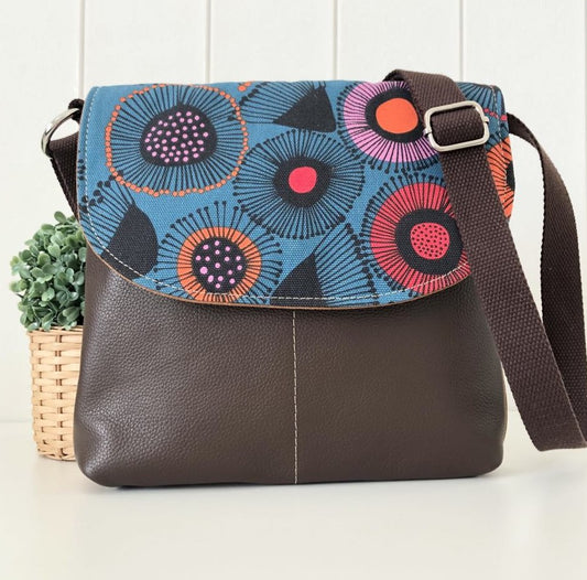 Tan Canvas and Brown Leather Crossbody Bag with Gum Blossom