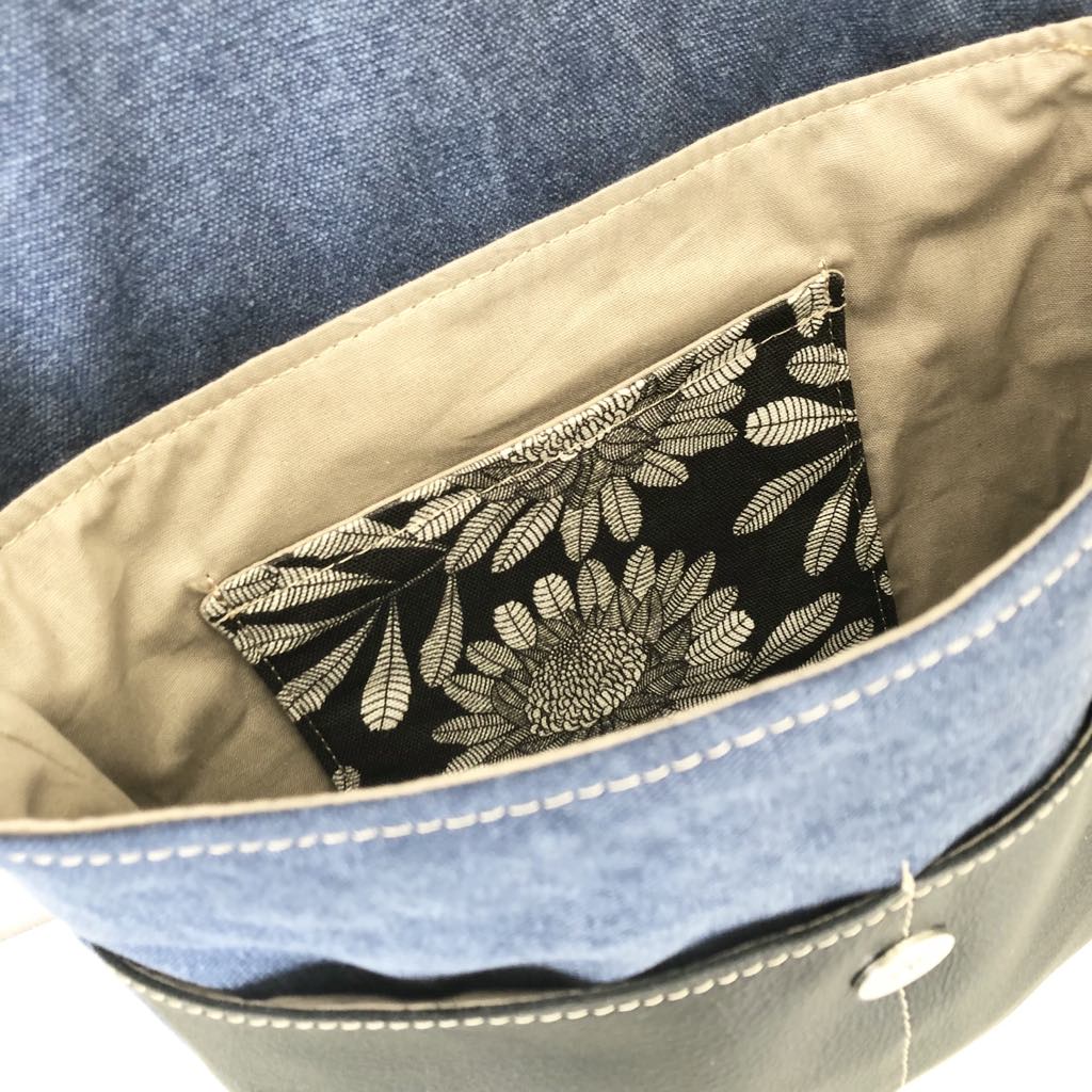 Blue Canvas and Black Leather Crossbody Bag with Waratah