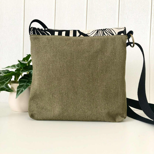 Cassinia Crossbody Bag - Green Canvas & Black Leather with Floral