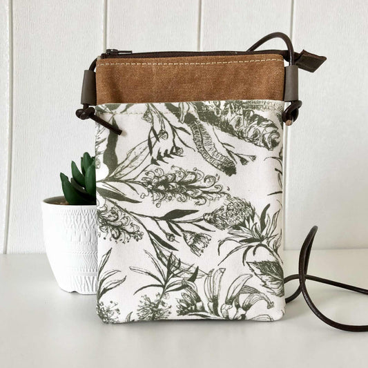 Sundew Sling Bag in Tan Canvas with Bush Blooms