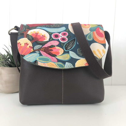 Cassinia Crossbody Bag - Green Canvas and Brown Leather with Bush Flora