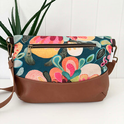 Hovea Fold Over Bag in Tan Leather, Green Canvas and Bush Flora