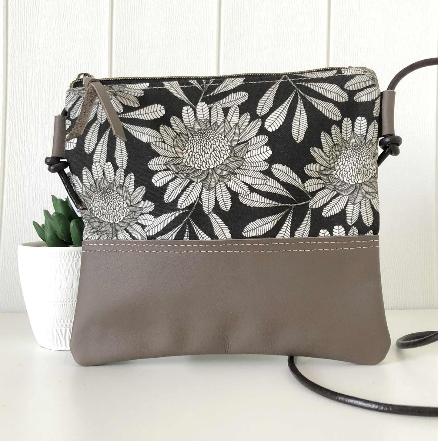 Gumnut Crossbody Bag in Blue Canvas, Brown Leather and Waratah
