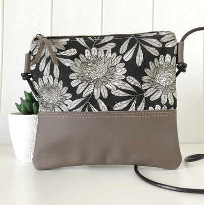 Gumnut Crossbody Bag in Blue Canvas, Brown Leather and Waratah