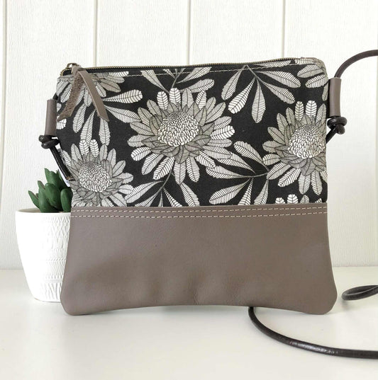 Gumnut Crossbody Bag in Blue Canvas, Brown Leather and Waratah